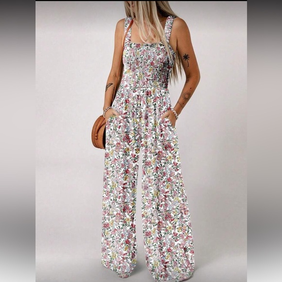 Boho Floral Print Smocked Bodice Pockets Wide Leg Jumpsuit White Multi